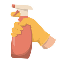 Hand in glove holding spray vector isolated. Idea of domestic work, house work and chores. Cleaning tool, bottle of cleaner with spray.