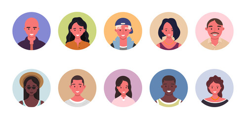 People avatar bundle set. User portraits in circles. Different human face icons. Male and female characters. Smiling men and women characters. Flat cartoon style illustration - obrazy, fototapety, plakaty