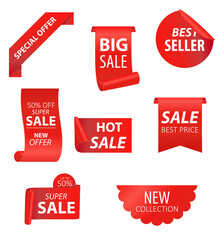 Price tags, red ribbon banners. Sale promotion, website stickers, new offer badge collection isolated. Illustration.
