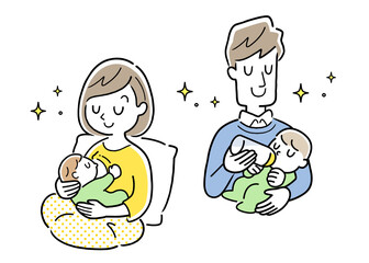育児、子育て：赤ちゃんに母乳を与える母親とミルクを与える父親
