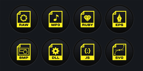 Set BMP file document, EPS, DLL, JS, RUBY and MP3 icon. Vector