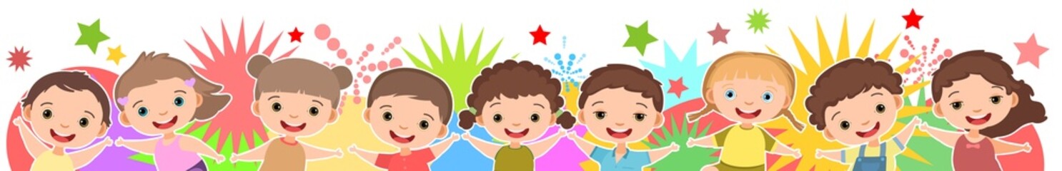 Children dance joy. Happy childhood. Little boys and girls. Kid is jumping for joy at the party. Cute kid. Cartoon style. Isolated on white background. Vector