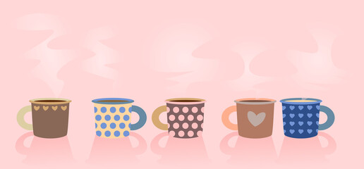 A delicate postcard with the image of colorful cute cups with hot drinks.