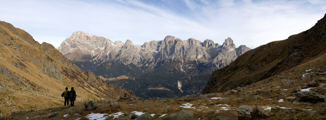 Sunny day on dolomites,  walking on the mountain