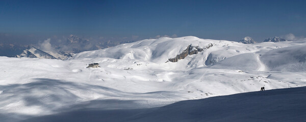 Sunny day on dolomites,  walking on the mountain