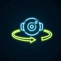Glowing neon line 360 degree view icon isolated on black background. Virtual reality. Angle 360 degree camera. Panorama photo. Colorful outline concept. Vector