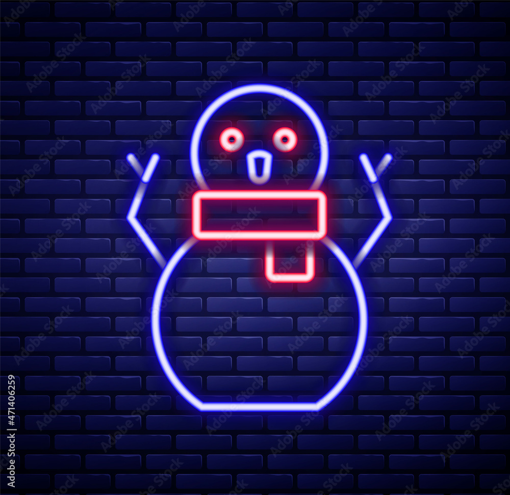 Wall mural Glowing neon line Christmas snowman icon isolated on brick wall background. Merry Christmas and Happy New Year. Colorful outline concept. Vector