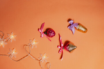 Vintage soviet russian toys with lights and copy space on pastel background christmas new year...