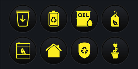 Set Bio fuel barrel, Tag with leaf, House, Recycle inside shield, Oil, Battery recycle, Electric saving plug pot and Send to the trash icon. Vector