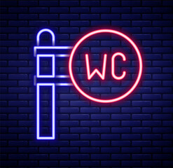 Obraz premium Glowing neon line Toilet icon isolated on brick wall background. WC sign. Washroom. Colorful outline concept. Vector