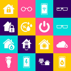 Set Humidity for smart home, Glasses, Mobile with wi-fi wireless, House under protection, and Power button icon. Vector