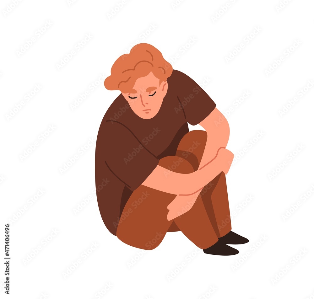 Aufkleber sad lonely person in sorrow and despair. unhappy depressed man in grief, sitting and hugging knees. 