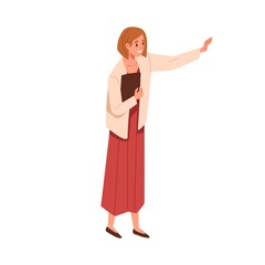 Person introduce, show and present smth. Business speaker standing with clipboard and pointing direction, gesturing with arm. Female presenter. Flat vector illustration of teacher isolated on white