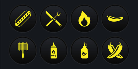 Set Barbecue steel grid, Hot chili pepper pod, Ketchup bottle, Fire flame, Crossed fork and knife, hot and Hotdog sandwich icon. Vector