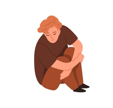 Sad Lonely Person In Sorrow And Despair. Unhappy Depressed Man In Grief, Sitting And Hugging Knees. Gloomy Guy In Bad Mood With Depression. Flat Vector Illustration Isolated On White Background