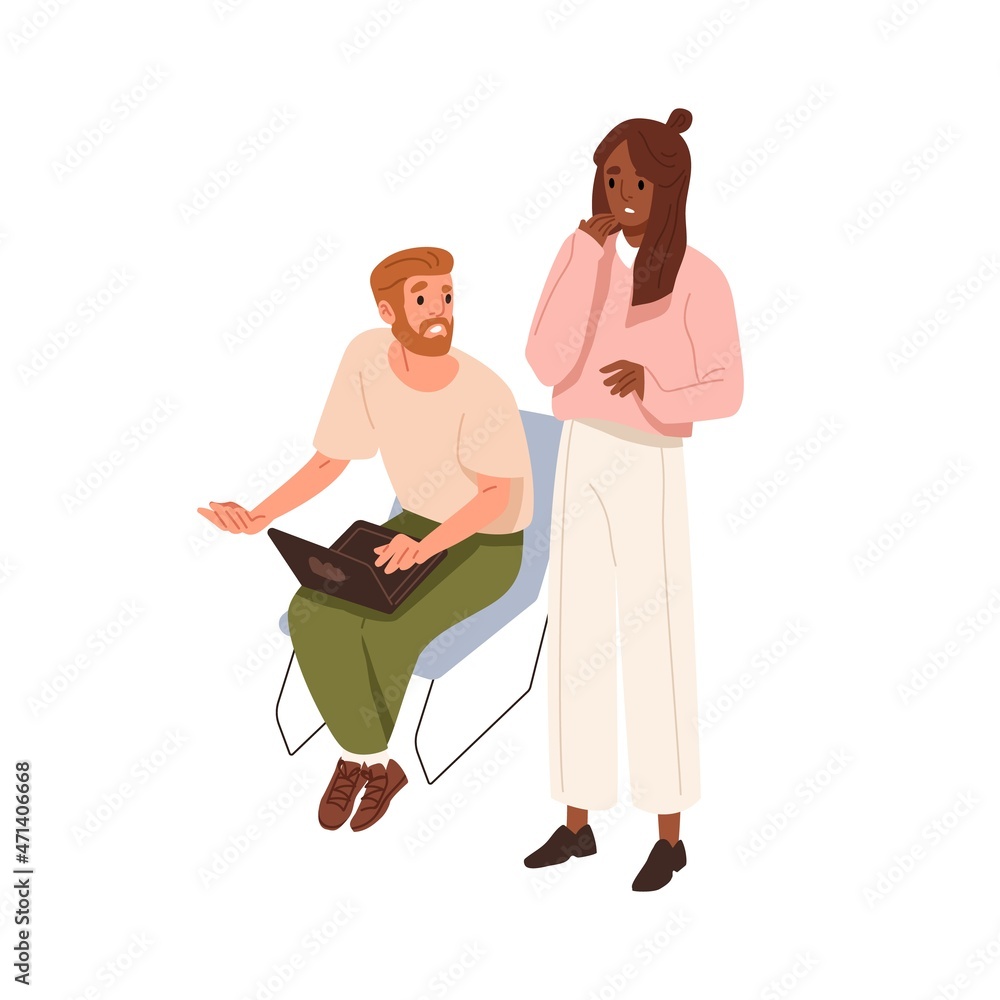 Poster Employees discussing work problem. Confused colleagues with laptop worrying about fail in business. Office workers with troubles and difficulties. Flat vector illustration isolated on white background