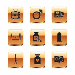 Set Sex tv old television, Anal beads, Bottle with pills for potency, Play Video 18 plus, Disc inscription, Condoms package and Male gender symbol icon. Vector