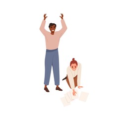 Unhappy employees with work problems and difficulties. Annoyed office worker screaming, upset stressed clumsy woman collecting fallen documents. Flat vector illustration isolated on white background