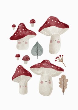Cute cartoon watercolor mushrooms in forest. Cute character snail and Caterpillar