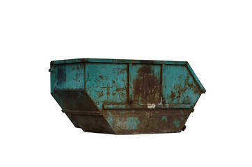 Dumpster for Demolition Removal isolated on white background. Container for garden waste and for dumping renovation waste. Metal trash can, containers, capacities for MSW. Transportation of garbage
