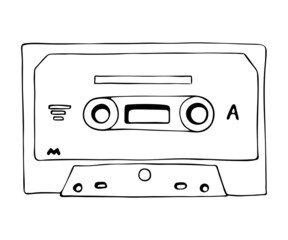 Vintage vector illustration -Hand drawn doodle of Retro audio mixtape. Analog media for recording and listening to stereo music. Old-fashioned tape cassette. Cartoon sketch icon isolated on white
