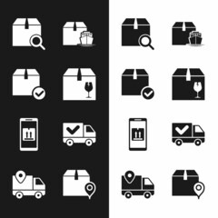Set Delivery box with fragile content, Package check mark, Search package, Cargo ship boxes, Mobile app tracking, truck, Location cardboard and icon. Vector