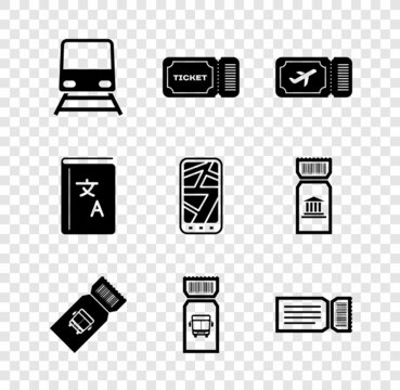 Set Train, Ticket, Airline ticket, Bus, Translator book and Infographic of city map icon. Vector