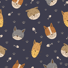 Cat funny feline seamless pattern. Cats heads and fish skeletons on gray dark background. Scandinavian background pet. Backdrop for wallpaper, print, textile, fabric, wrapping. Vector illustration