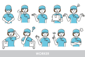 若い配達員の女性のイラストセット