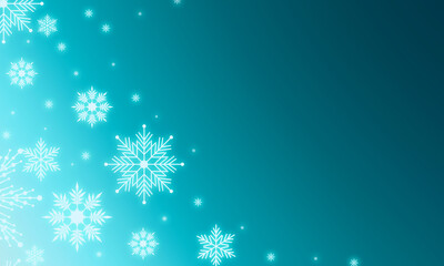 Fototapeta na wymiar Christmas illustration with copy space with white glowing snowflakes. Beautiful snowflakes on a dark gradient blue background and blurry lights.