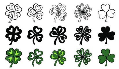 Naklejka premium Clover set. Happy St. Patricks Day hand-drawn decorations. Vector illustration in doodle style.