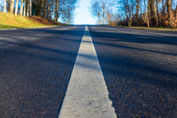 Obraz premium Asphalt road with white lane runs through the forest in autumn evening.