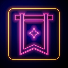 Glowing neon Medieval flag icon isolated on black background. Country, state, or territory ruled by a king or queen. Vector