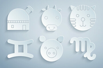 Set Pig zodiac, Tiger, Gemini, Virgo, Ox and Astronomical observatory icon. Vector