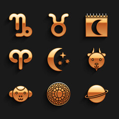 Set Moon and stars, Astrology horoscope circle, Planet Saturn, Aries zodiac, Monkey, phases calendar and Capricorn icon. Vector