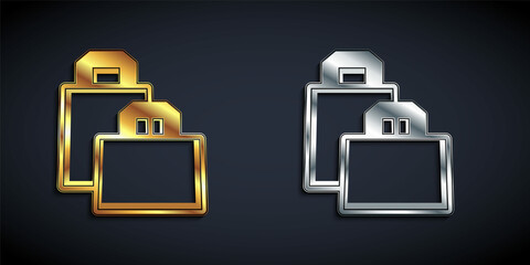 Gold and silver Paper shopping bag icon isolated on black background. Package sign. Long shadow style. Vector