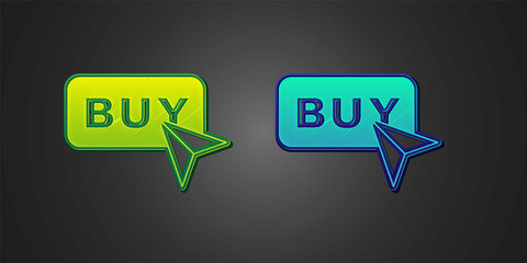 Green and blue Buy button icon isolated on black background. Vector