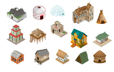 Set of icons national dwellings of the peoples of the world 15 houses