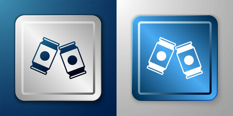 White Beer can icon isolated on blue and grey background. Silver and blue square button. Vector