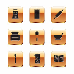 Set Grater, Spoon, Blender, Spatula, Toaster with toasts, Rolling pin, Cookbook and Refrigerator icon. Vector
