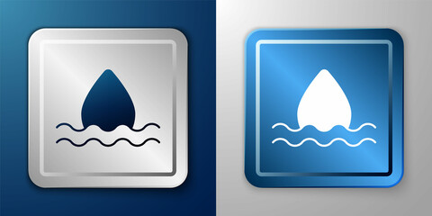 White Water drop icon isolated on blue and grey background. Silver and blue square button. Vector