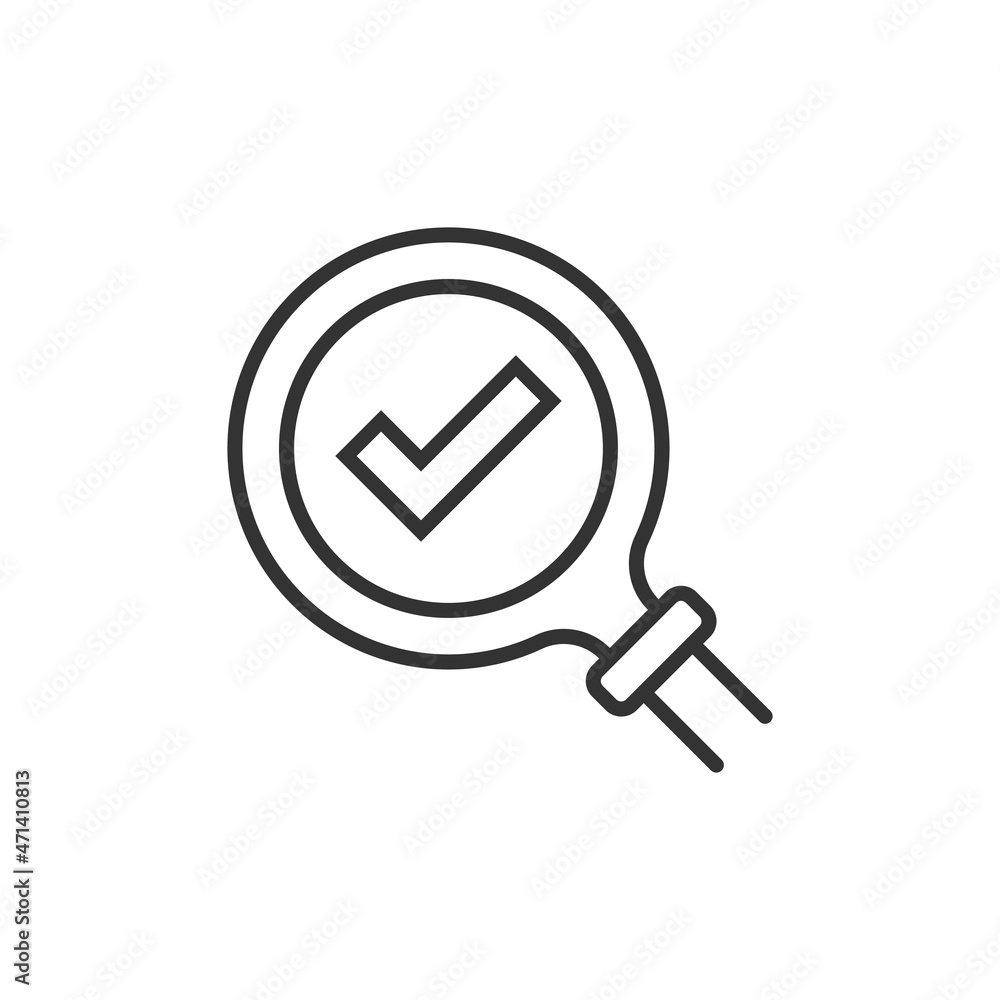 Poster check mark with magnifying glass icon in flat style. loupe accept vector illustration on white isola