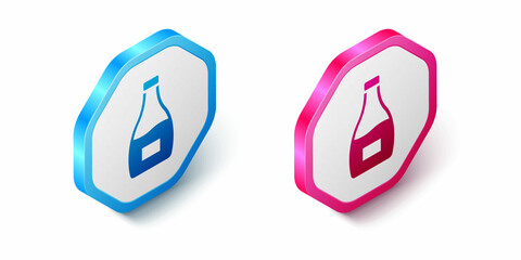 Isometric Sauce bottle icon isolated on white background. Ketchup, mustard and mayonnaise bottles with sauce for fast food. Hexagon button. Vector