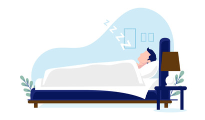 Man sleeping in bed - vector illustration of person lying in bedroom snoring and having a sleep on white background