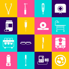 Set Petri dish with bacteria, X-ray machine, Operating table, Medical digital thermometer, Syringe, Medicine bottle and pills, tweezers and Otolaryngological head reflector icon. Vector