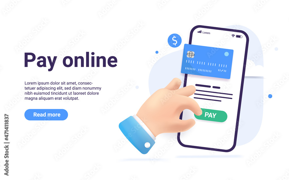 Poster pay online - vector illustration of phone with credit card and hand pushing pay button on white back