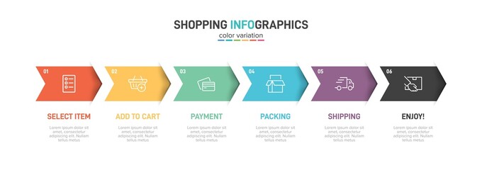 Concept of shopping process with 6 successive steps. Six colorful graphic elements. Timeline design for brochure, presentation, web site. Infographic design layout.