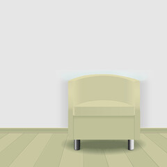 Beige chair against the background of a white wall and a wooden floor