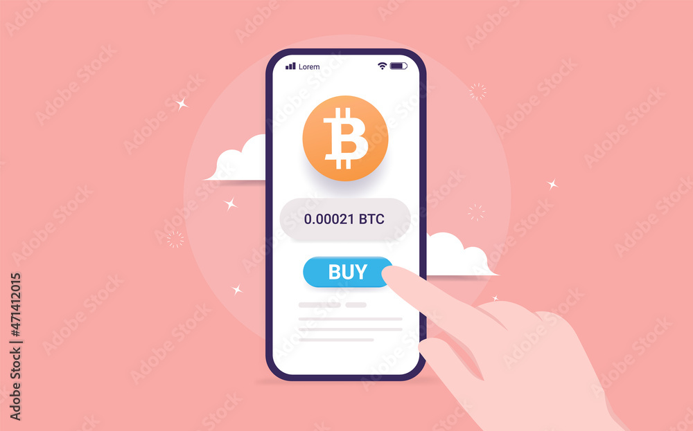 Poster buying bitcoin in app - vector illustration of hand pushing buy button to purchase crypto currency o