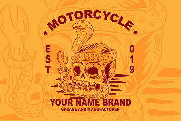 Motorcycle themed t-shirt design template, with illustration of a snake wrapped around a skull